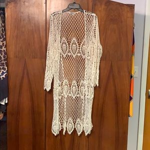 Long beige open weave cardigan